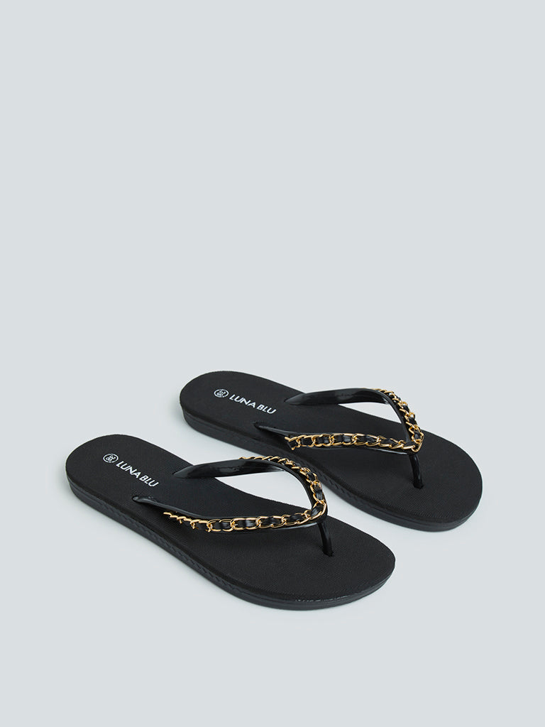 LUNA BLU Black Chain-Detailed Flip-Flops